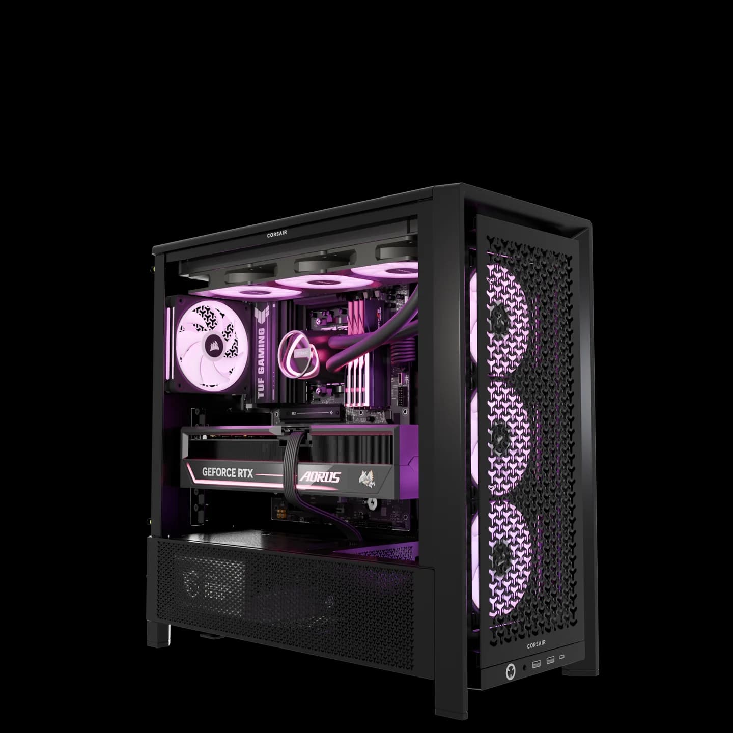A custom PC visualized in BuildCores with a graphics card, liquid CPU cooler, memory, and pink RGB fans